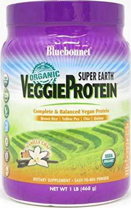 Bluebonnet Nutrition Super Earth Organic Veggie Protein Powder, Soy Free, Gluten Free, Kosher, Non-GMO, Vegan, USDA Organic, No Sugar Added, Vanilla Chai Flavor, 1 lb, 15 Servings