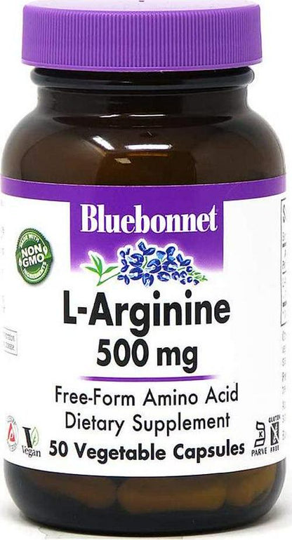 Bluebonnet Nutrition L-Arginine 500mg, Free-Form Amino Acid, Nitric Oxide Precursor, Soy-Free, Gluten-Free, Non-GMO, Kosher Certified, 50 Vegetable Capsules, 50 Servings