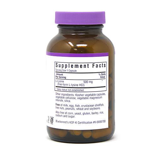 Bluebonnet Nutrition L-Lysine 500mg, for Healthy Immune Function, Supports Collagen Synthesis, Soy-Free, Gluten-Free, Non-GMO, Kosher Certified, Vegan, 100 Capsules
