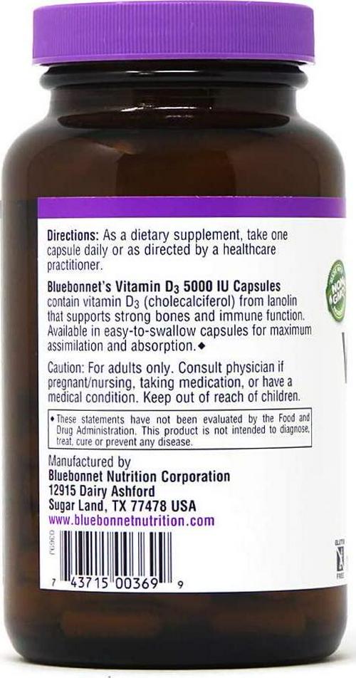 Bluebonnet Vitamin D3 5000 IU Vegetable Capsules, 120 Count