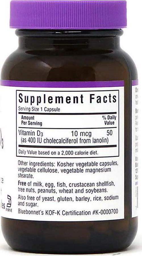 Bluebonnet Vitamin D3 400 IU Vegetable Capsules, 90 Count