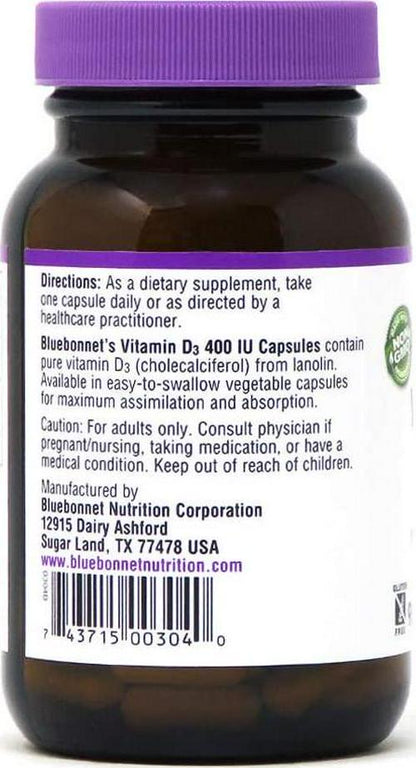 Bluebonnet Vitamin D3 400 IU Vegetable Capsules, 90 Count