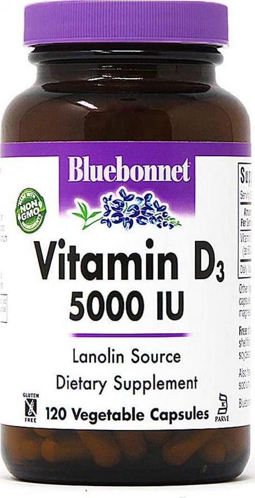 Bluebonnet Vitamin D3 5000 IU Vegetable Capsules, 120 Count
