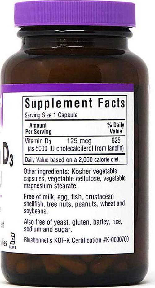 Bluebonnet Vitamin D3 5000 IU Vegetable Capsules, 120 Count