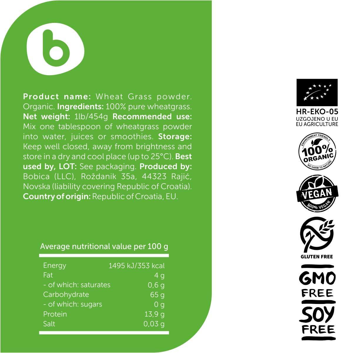 Bobica's Premium European Organic Wheat Grass Powder | 1lb/454g | Superfood, Vegan, Detox, Alkalize, Fiber, Chlorophyll, Antioxidants, Minerals | 100% Pure, Non-GMO, Gluten-Free, Raw |