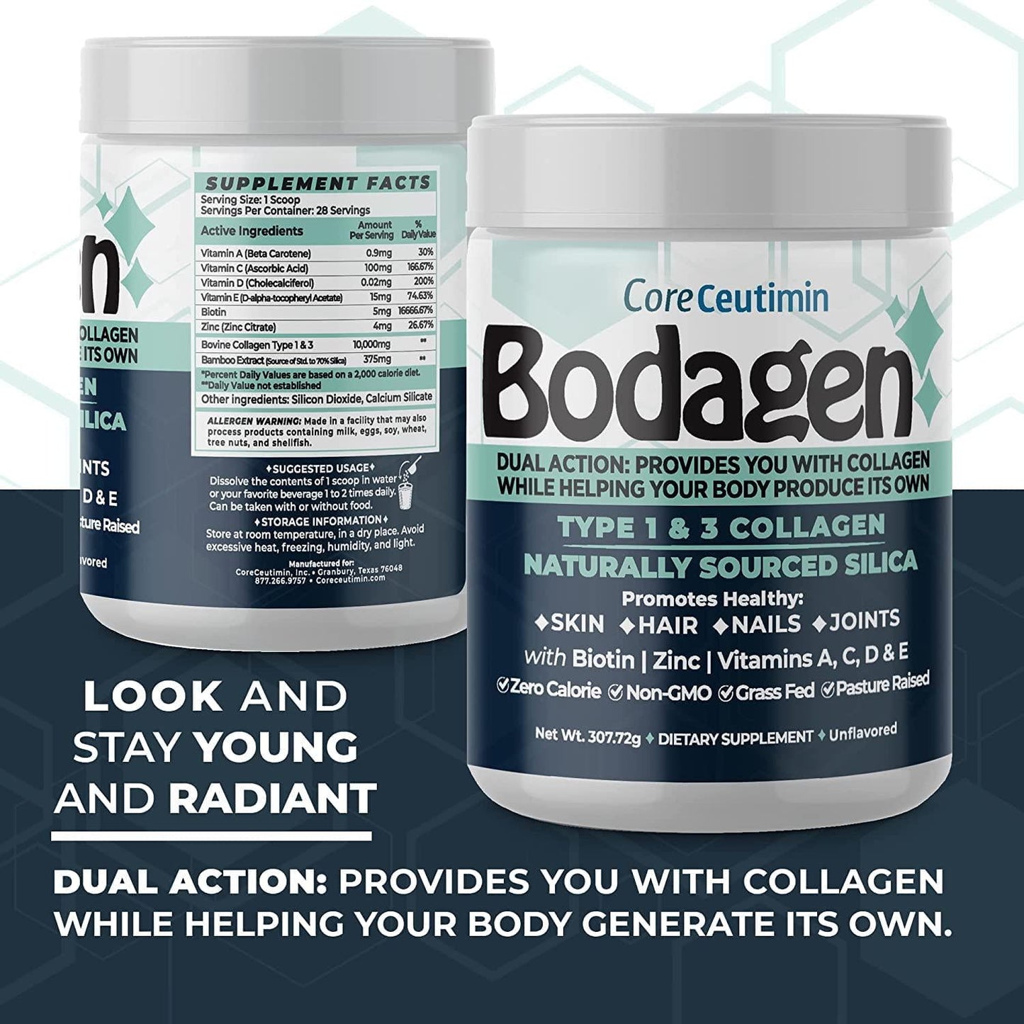 Bodagen - Collagen Peptides with Silica – Provides Collagen While Stimulating Your Body to Make its Own - Includes Biotin, Zinc, Vitamins A, C, D, and E - Zero Calories - Unflavored - by Coreceutimin