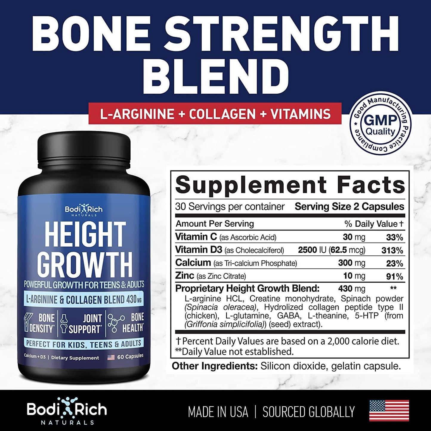 Bodirich Height Growth Maximizer - Natural Height Increase Pills - Made in USA - Growth Pills with Calcium for Bone Strength - Grow Taller Supplement for Bone Density and Joint Support - 60caps