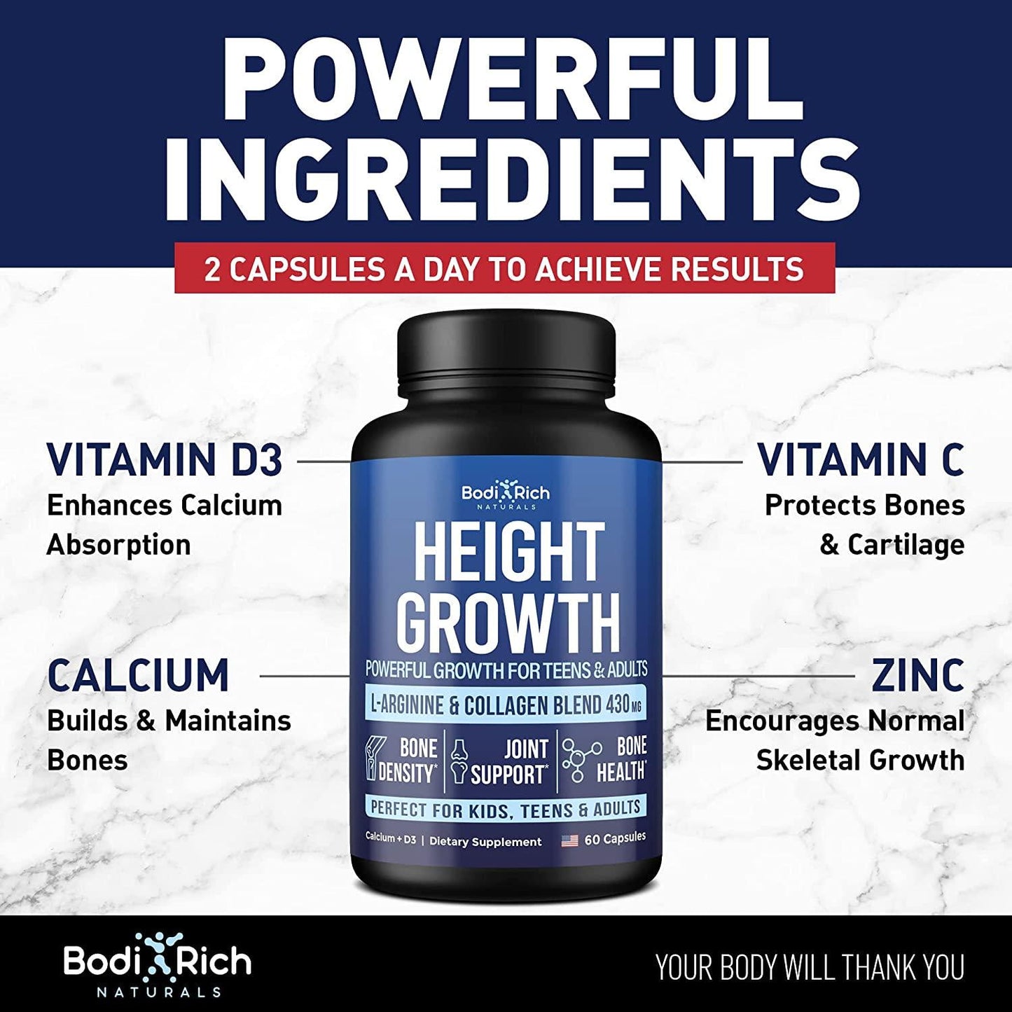 Bodirich Height Growth Maximizer - Natural Height Increase Pills - Made in USA - Growth Pills with Calcium for Bone Strength - Grow Taller Supplement for Bone Density and Joint Support - 60caps