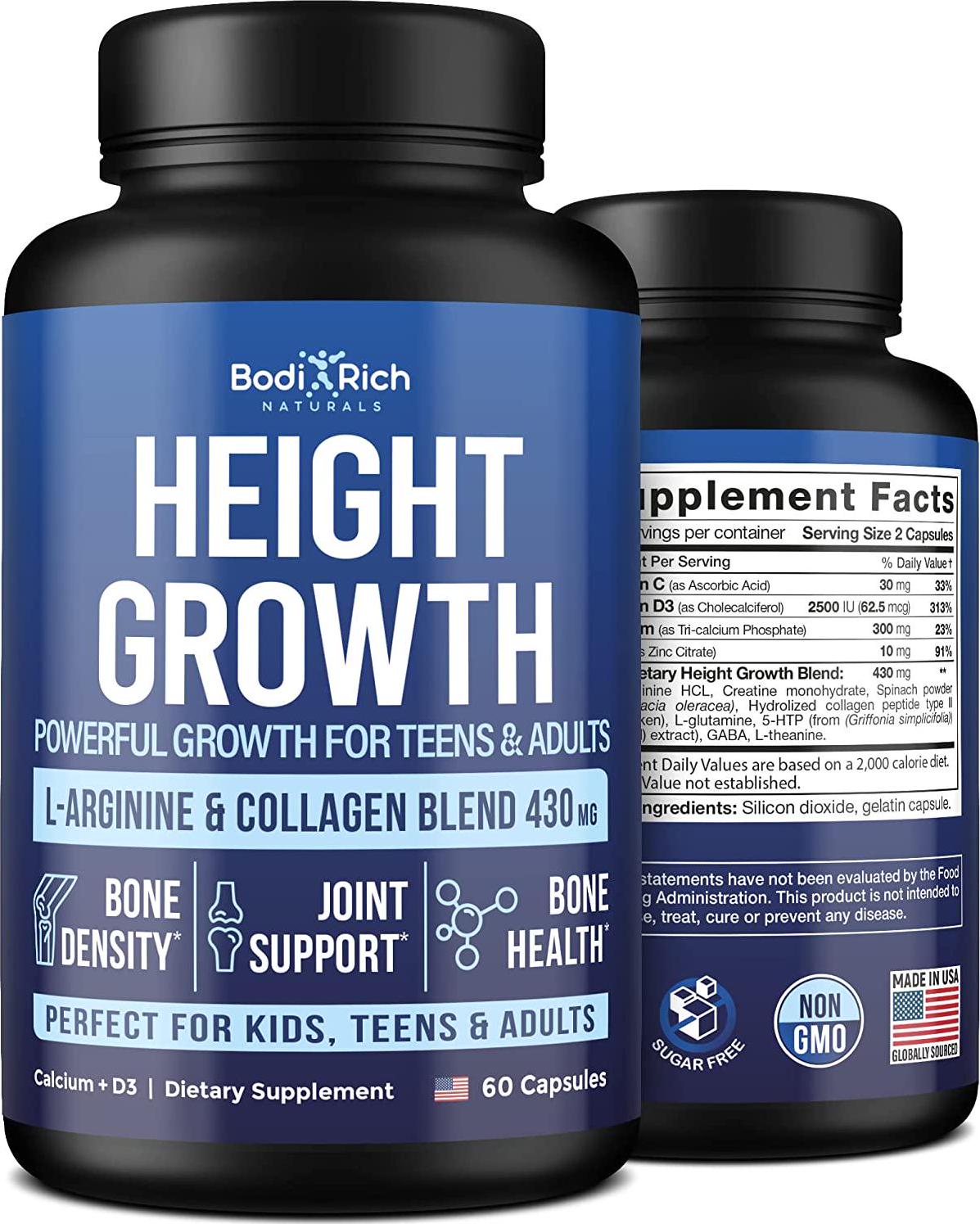Bodirich Height Growth Maximizer - Natural Height Increase Pills - Made in USA - Growth Pills with Calcium for Bone Strength - Grow Taller Supplement for Bone Density and Joint Support - 60caps