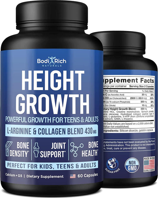 Bodirich Height Growth Maximizer - Natural Height Increase Pills - Made in USA - Growth Pills with Calcium for Bone Strength - Grow Taller Supplement for Bone Density and Joint Support - 60caps