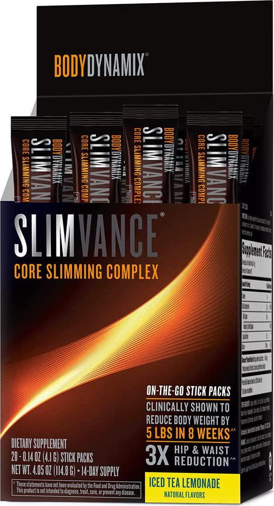 BodyDynamix Slimvance Core Slimming Complex Stick Packets | Supports Body Fat Reduction | No Added Sugar | 28 Stick Packets | Iced Tea Lemonade