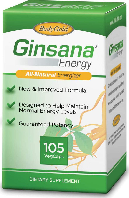 BodyGold Ginsana Energy | Panax Ginseng Extract w/Energizing Herbal Blend for Focus and Endurance | Schizandra Berry, Eleuthero Root, and Decaffeinated Green Tea Leaf Extract | 52 Serv | 105 VegCaps