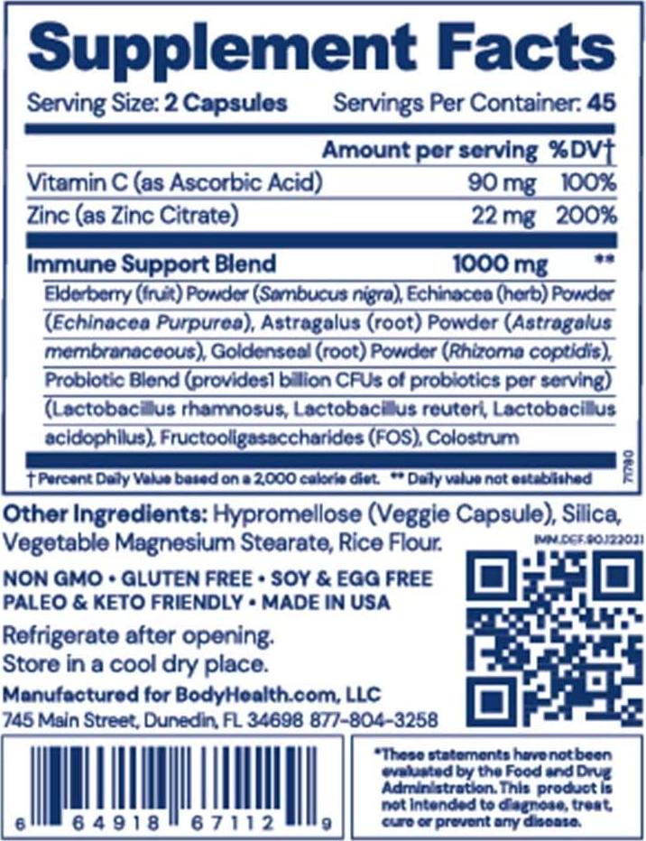 BodyHealth Immune Defense (90 Capsules) Enhanced with Elderberry, Zinc, Vitamin-C and Probiotics