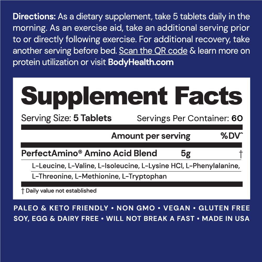 BodyHealth PerfectAmino (300 Tablets) 8 Essential Amino Acids Supplements with BCAA, Increase Muscle Recovery, Boost Energy and Stamina, 99% Utilization, Vegan Branched Chain Protein Pre/Post Workout