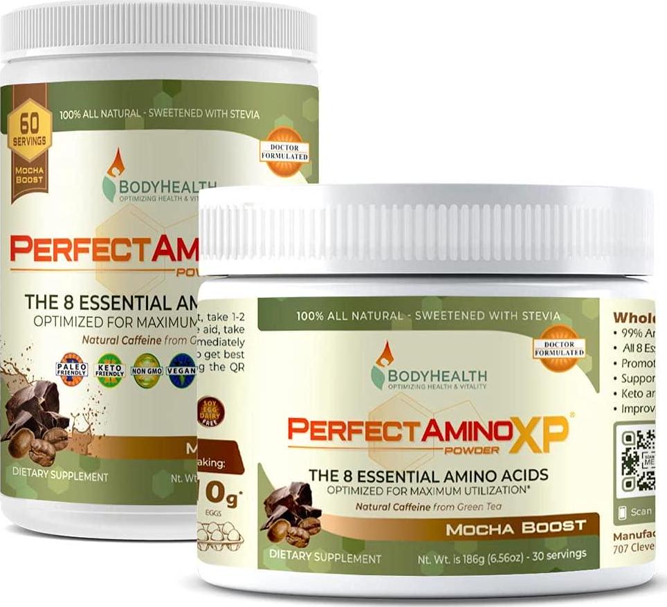 BodyHealth PerfectAmino XP Mocha Boost (60 Serving), Best Pre/Post Workout Recovery Drink, 8 Essential Amino Acids Energy Supplement with 50% BCAAs, 100% Organic, 99% Utilization