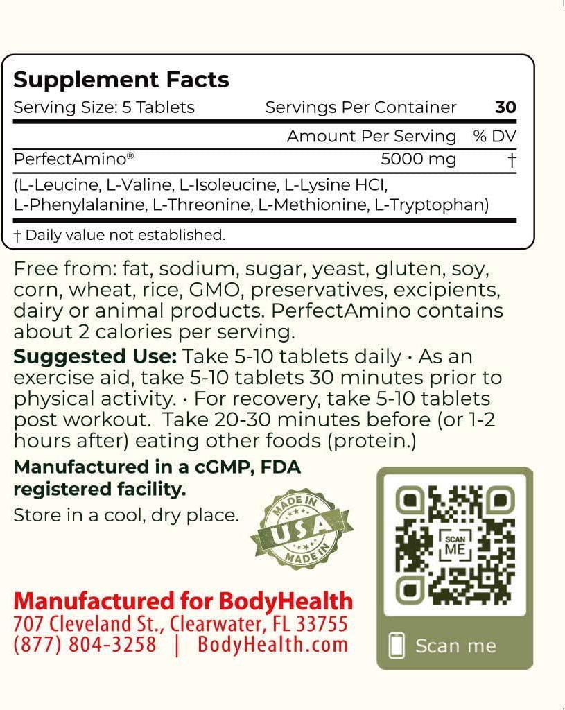 BodyHealth PerfectAmino Tablets (150ct Plus 30ct Travel Bottle), All 8 Essential Amino Acids with BCAAs + Lysine, Phenylalanine, Threonine, Methionine, Tryptophan, Supplement for Recovery and Strength