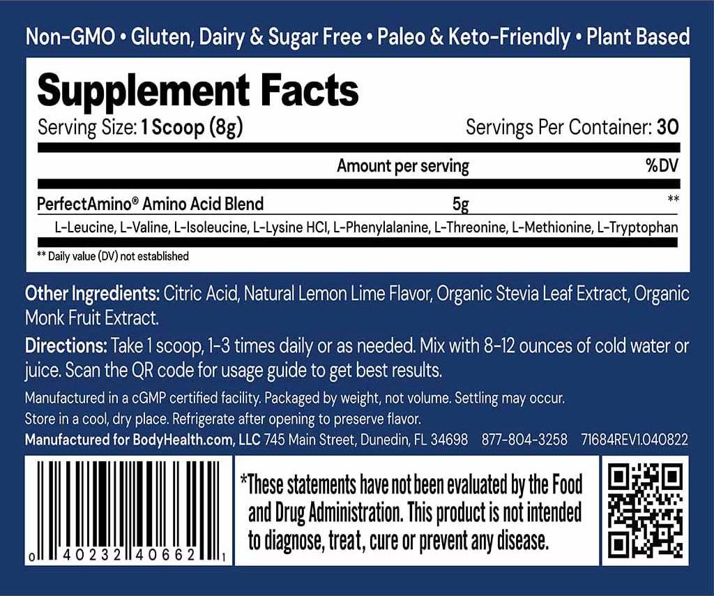 BodyHealth PerfectAmino XP Lemon Lime (60 Serving), Best Pre/Post Workout Recovery Drink, 8 Essential Amino Acids Energy Supplement with 50% BCAAs, 100% Organic, 99% Utilization (Packaging May Vary)