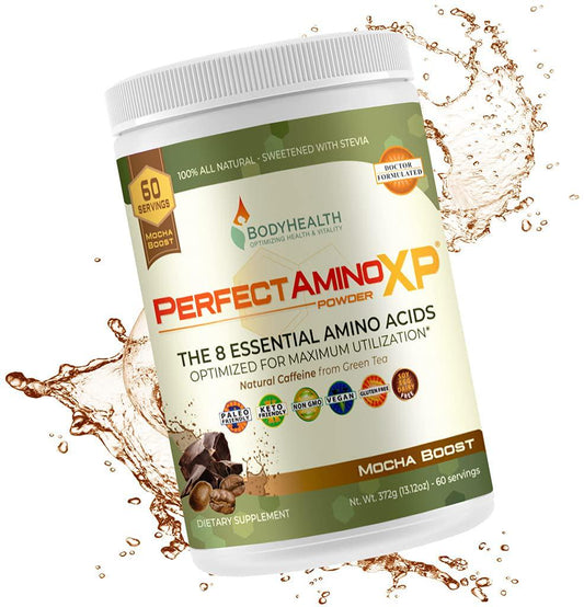 BodyHealth PerfectAmino XP Mocha Boost (60 Serving), Best Pre/Post Workout Recovery Drink, 8 Essential Amino Acids Energy Supplement with 50% BCAAs, 100% Organic, 99% Utilization