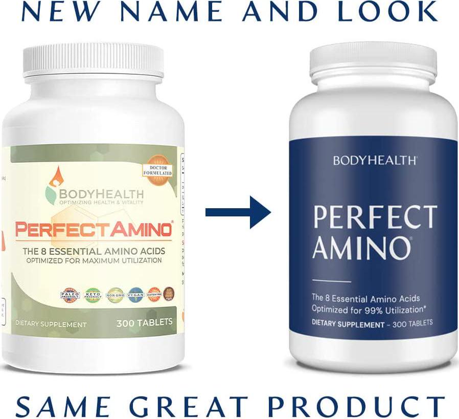 BodyHealth PerfectAmino (300 Tablets) 8 Essential Amino Acids Supplements with BCAA, Increase Muscle Recovery, Boost Energy and Stamina, 99% Utilization, Vegan Branched Chain Protein Pre/Post Workout