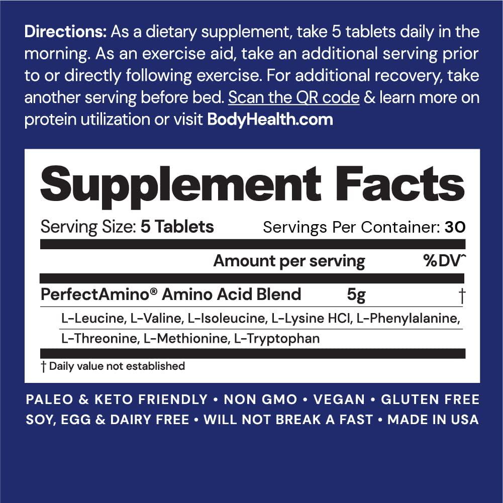 BodyHealth - PerfectAmino (3-Pack) - Amino Acid Supplement Includes BCAAs for Energy, Branched Chain Amino Acid Pills for Pre- and Post-Workout, Vegan Veggie Protein, All 8 Essential Amino Acids