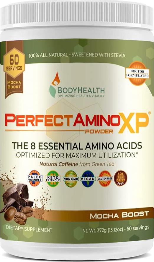 BodyHealth PerfectAmino XP Mocha Boost (60 Serving), Best Pre/Post Workout Recovery Drink, 8 Essential Amino Acids Energy Supplement with 50% BCAAs, 100% Organic, 99% Utilization