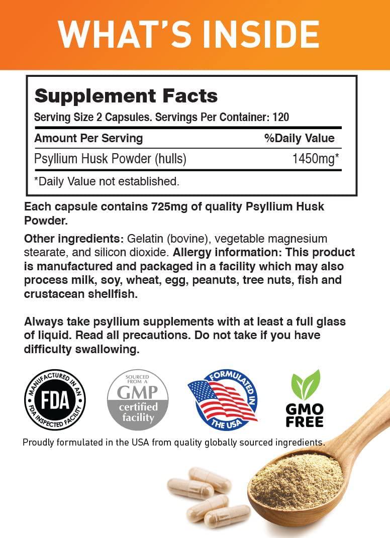 BodyLive Premium Psyllium Husk Fiber Supplement 1450mg, 240 Capsules (120 Servings)