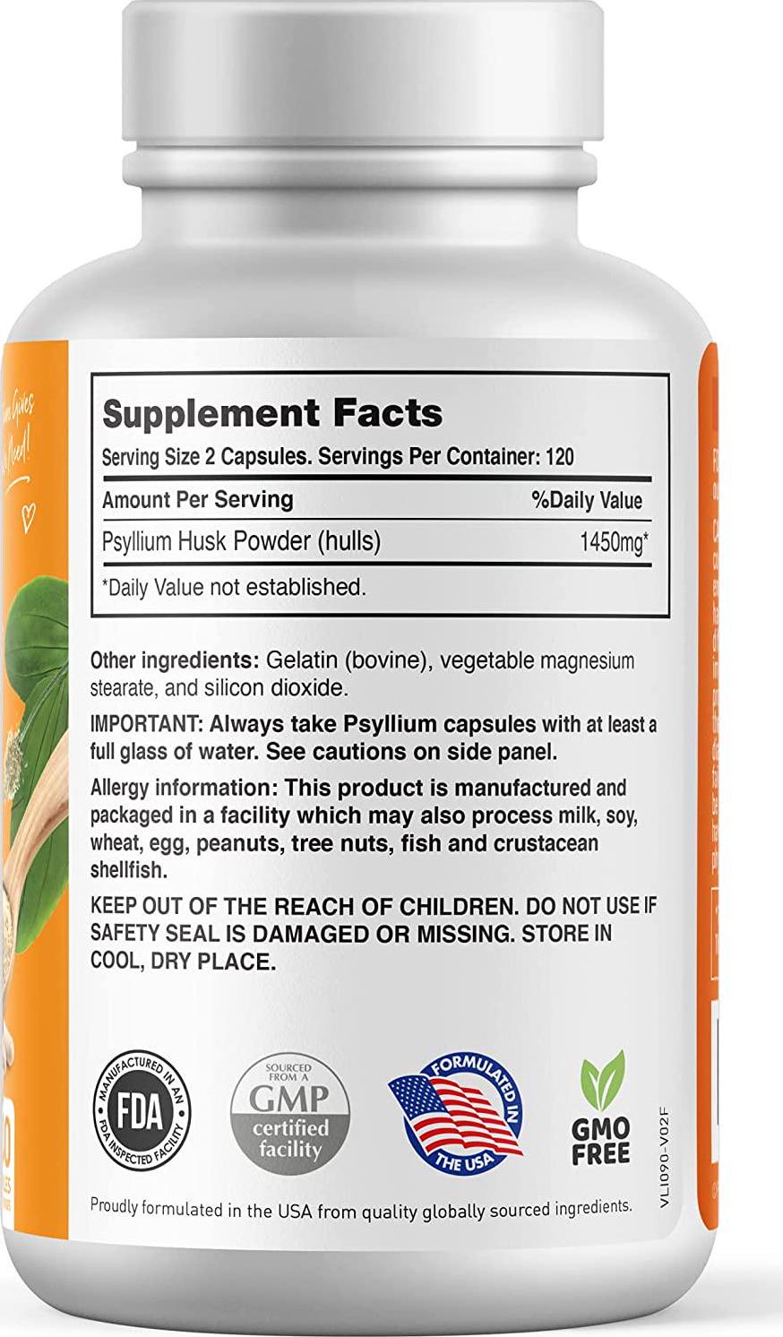BodyLive Premium Psyllium Husk Fiber Supplement 1450mg, 240 Capsules (120 Servings)