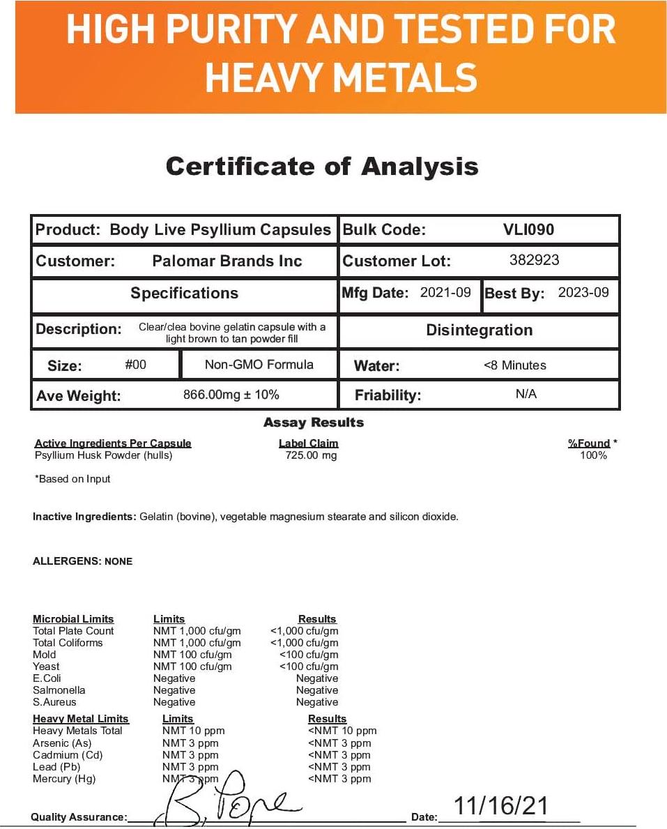 BodyLive Premium Psyllium Husk Fiber Supplement 1450mg, 240 Capsules (120 Servings)