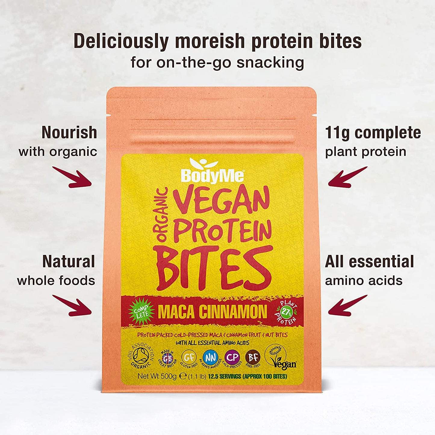 BodyMe Organic Vegan Protein Bites | Raw Maca Cinnamon | 500g (100 Bites) | With 3 Plant Proteins