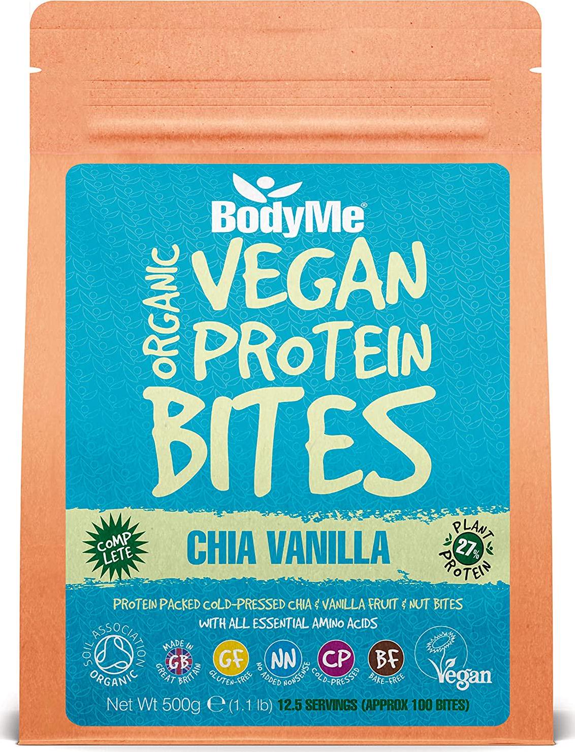 BodyMe Organic Vegan Protein Bites | Raw Chia Vanilla | 500g (100 Bites) | With 3 Plant Proteins