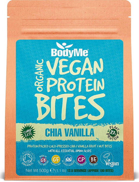 BodyMe Organic Vegan Protein Bites | Raw Chia Vanilla | 500g (100 Bites) | With 3 Plant Proteins