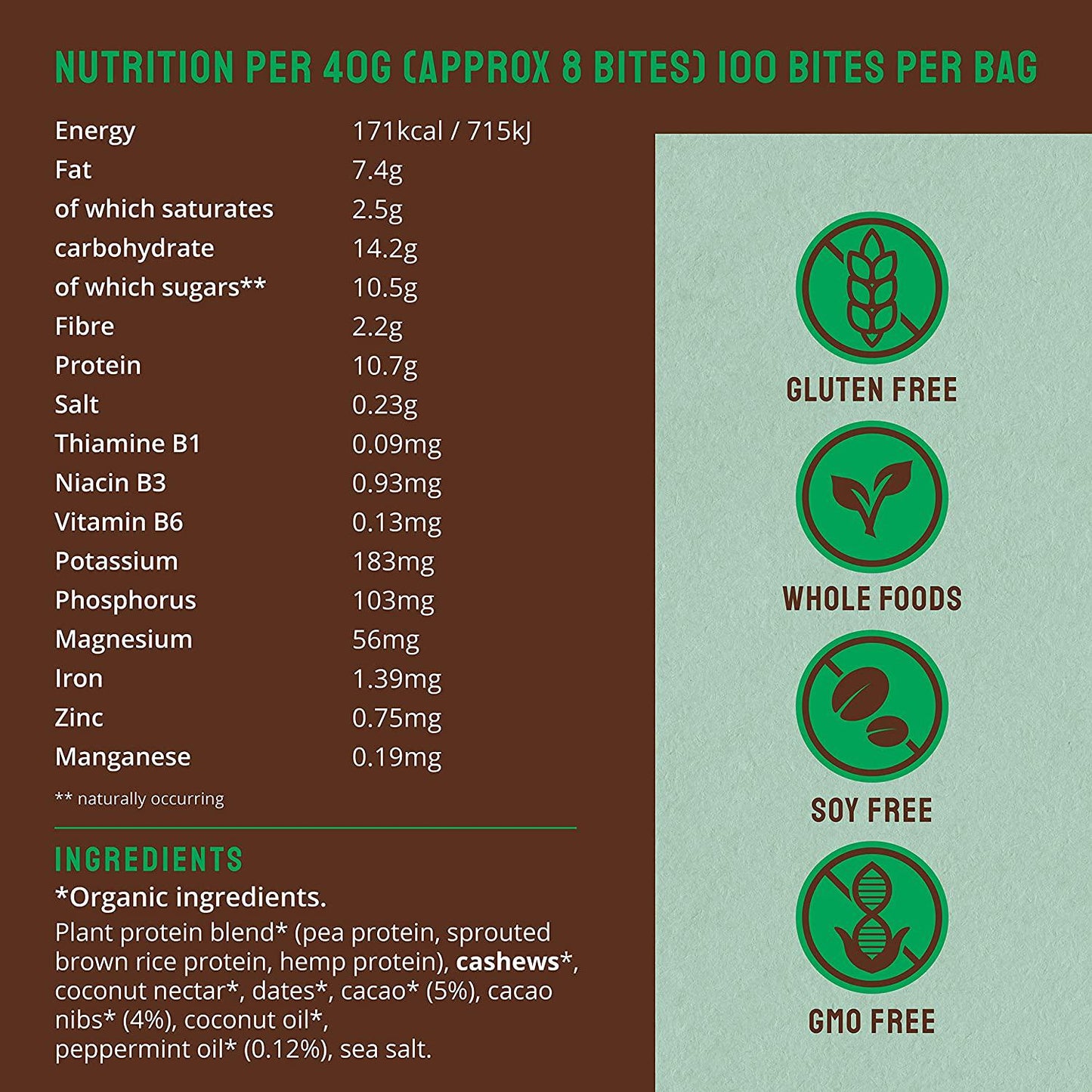 BodyMe Organic Vegan Protein Bites | Raw Cacao Mint | 500g (100 Bites) | With 3 Plant Proteins