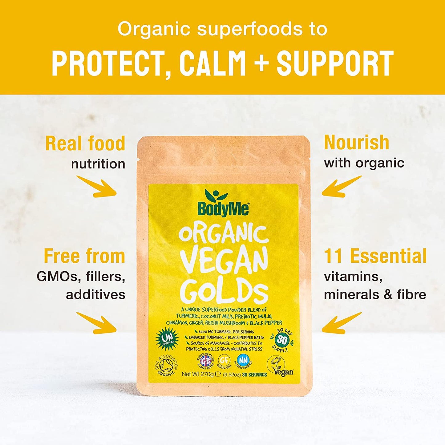 BodyMe Organic Vegan Golds Powder | 270g | Turmeric Blend | With Turmeric Coconut Milk Prebiotic Inulin Cinnamon Ginger Reishi Mushroom Black Pepper