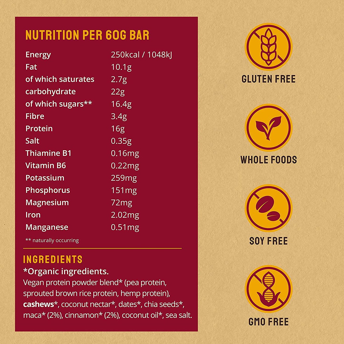 BodyMe Organic Vegan Protein Bar | Raw Maca Cinnamon | 12 x 60g Vegan Protein Snack Bars | Gluten Free | 16g Complete Protein | 3 Plant Proteins | All Essential Amino Acids | High Protein Vegan Snacks