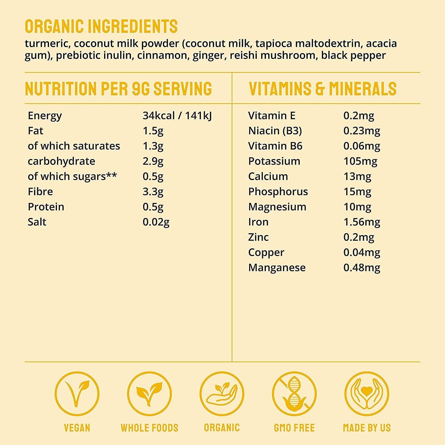 BodyMe Organic Vegan Golds Powder | 270g | Turmeric Blend | With Turmeric Coconut Milk Prebiotic Inulin Cinnamon Ginger Reishi Mushroom Black Pepper