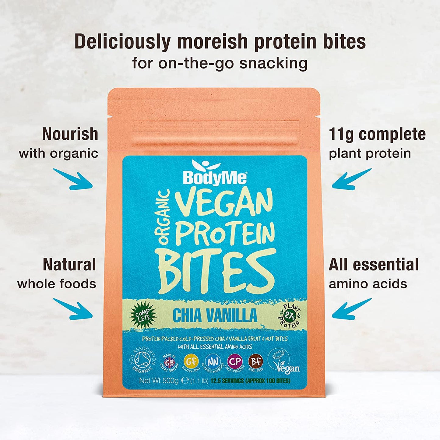 BodyMe Organic Vegan Protein Bites | Raw Chia Vanilla | 500g (100 Bites) | With 3 Plant Proteins