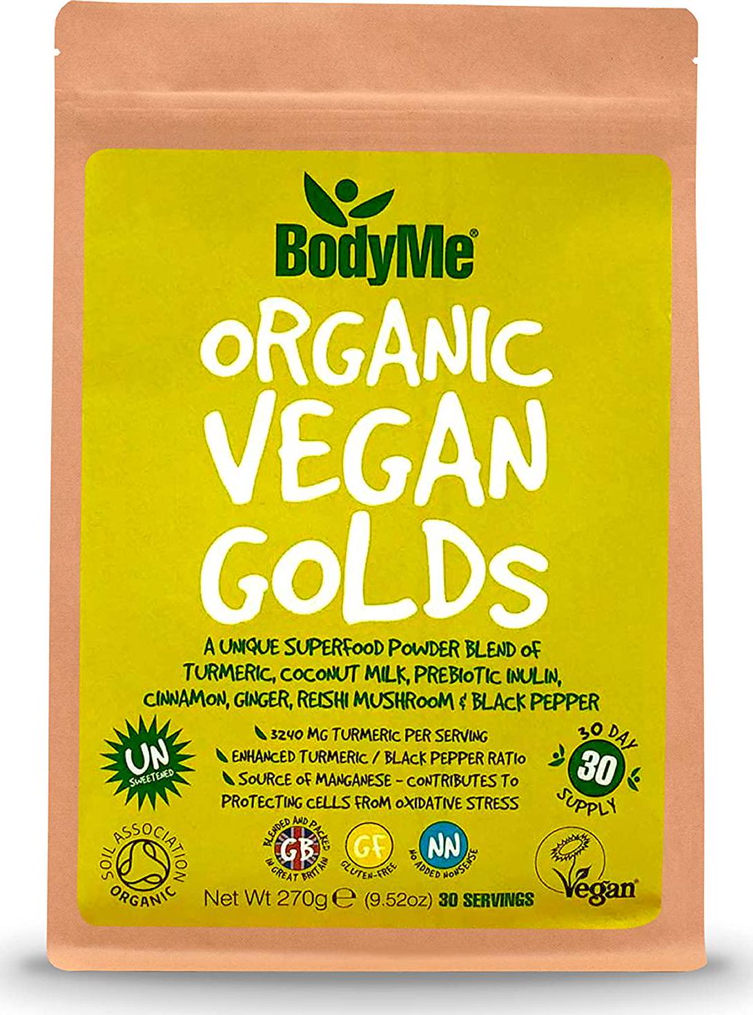 BodyMe Organic Vegan Golds Powder | 270g | Turmeric Blend | With Turmeric Coconut Milk Prebiotic Inulin Cinnamon Ginger Reishi Mushroom Black Pepper