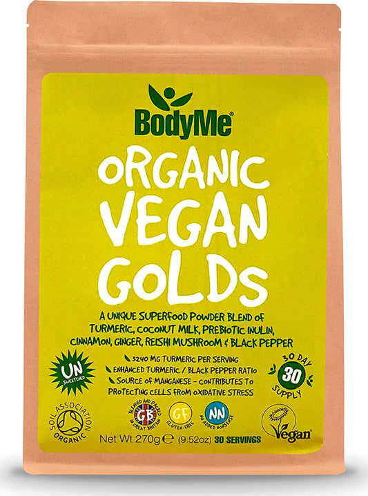 BodyMe Organic Vegan Golds Powder | 270g | Turmeric Blend | With Turmeric Coconut Milk Prebiotic Inulin Cinnamon Ginger Reishi Mushroom Black Pepper