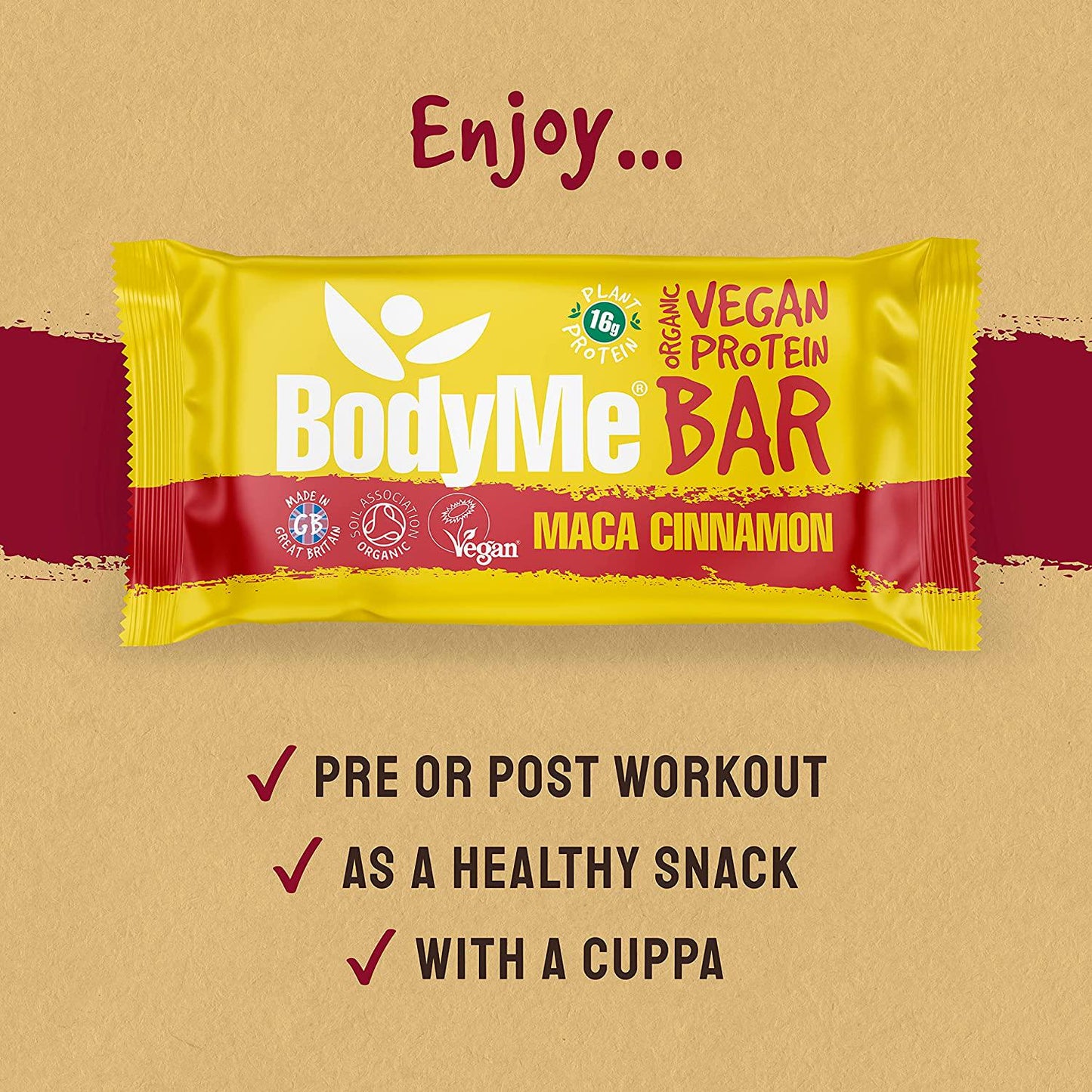 BodyMe Organic Vegan Protein Bar | Raw Maca Cinnamon | 12 x 60g Vegan Protein Snack Bars | Gluten Free | 16g Complete Protein | 3 Plant Proteins | All Essential Amino Acids | High Protein Vegan Snacks