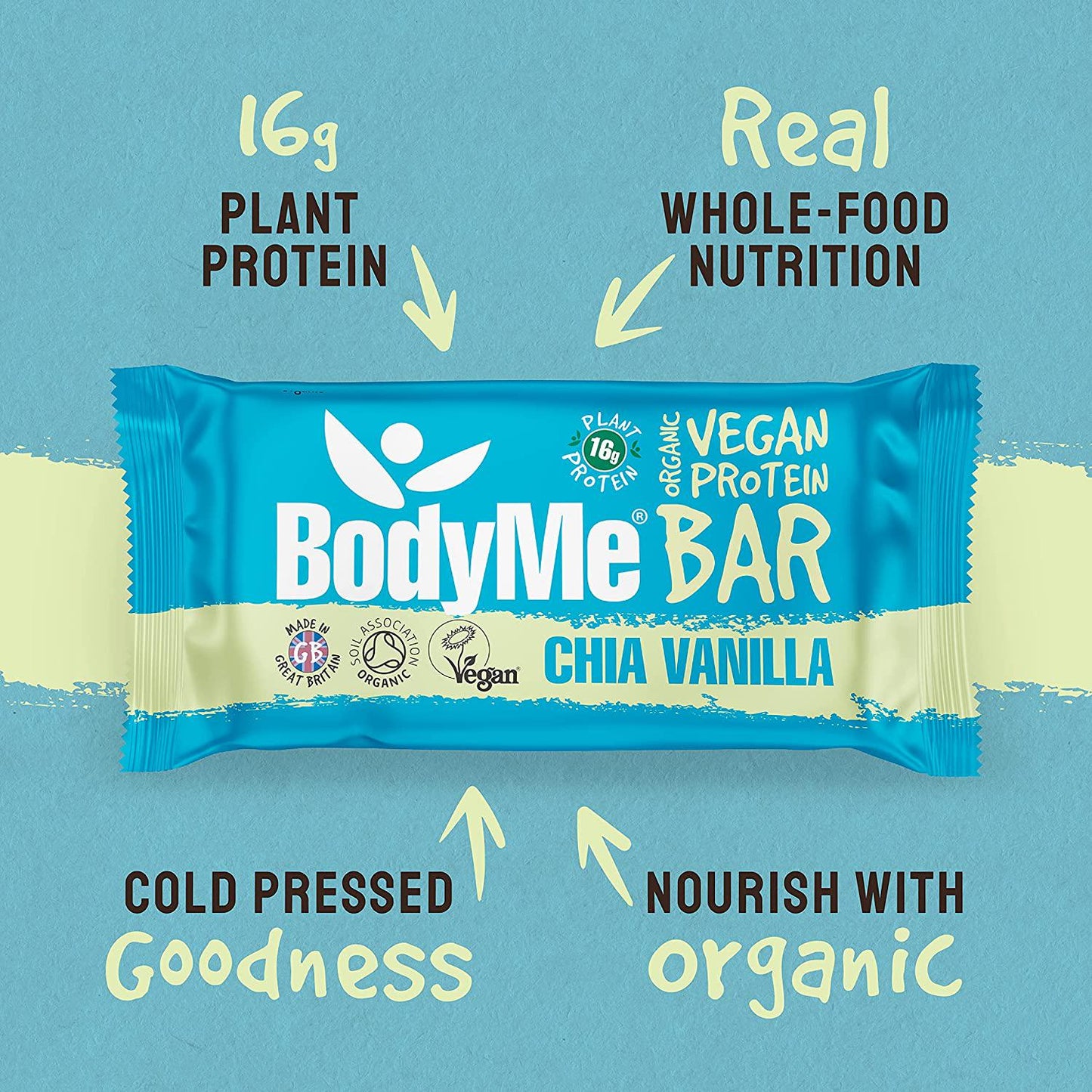 BodyMe Organic Vegan Protein Bar | Raw Chia Vanilla | 12 x 60g Vegan Protein Snack Bars | Gluten Free | 16g Complete Protein | 3 Plant Proteins | All Essential Amino Acids | High Protein Vegan Snacks