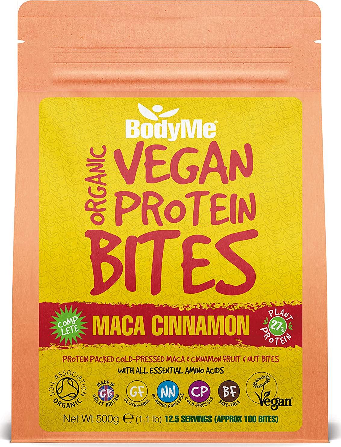 BodyMe Organic Vegan Protein Bites | Raw Maca Cinnamon | 500g (100 Bites) | With 3 Plant Proteins