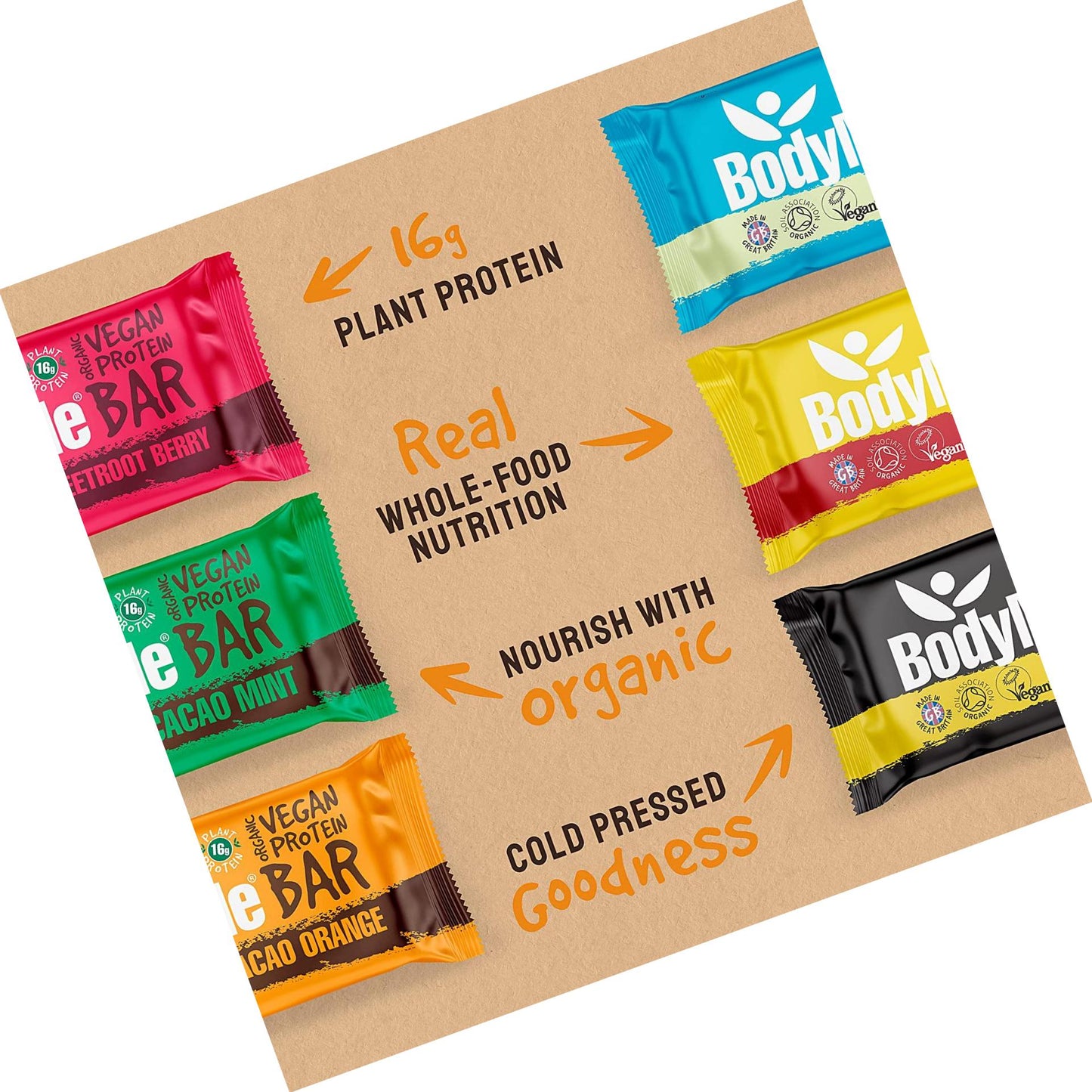 BodyMe Organic Vegan Protein Bar | Mixed Box | 12 x 60g Vegan Protein Snack Bars | Gluten Free | 16g Complete Protein | 3 Plant Proteins All Essential Amino Acids | High Protein Vegan Snacks