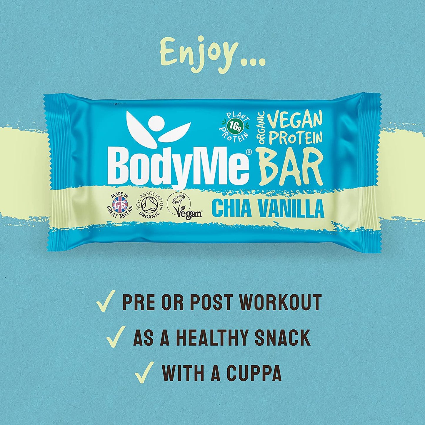 BodyMe Organic Vegan Protein Bar | Raw Chia Vanilla | 12 x 60g Vegan Protein Snack Bars | Gluten Free | 16g Complete Protein | 3 Plant Proteins | All Essential Amino Acids | High Protein Vegan Snacks