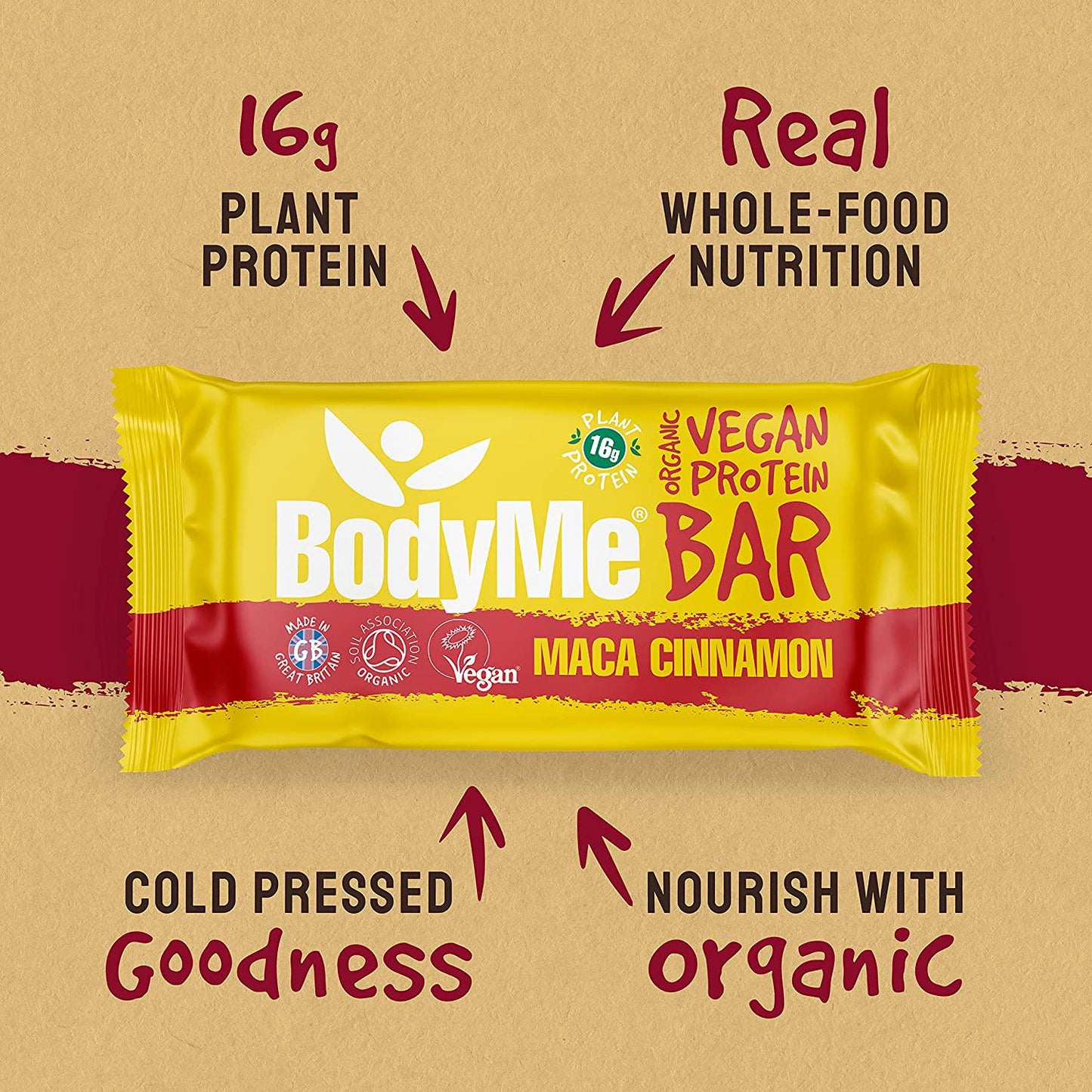 BodyMe Organic Vegan Protein Bar | Raw Maca Cinnamon | 12 x 60g Vegan Protein Snack Bars | Gluten Free | 16g Complete Protein | 3 Plant Proteins | All Essential Amino Acids | High Protein Vegan Snacks