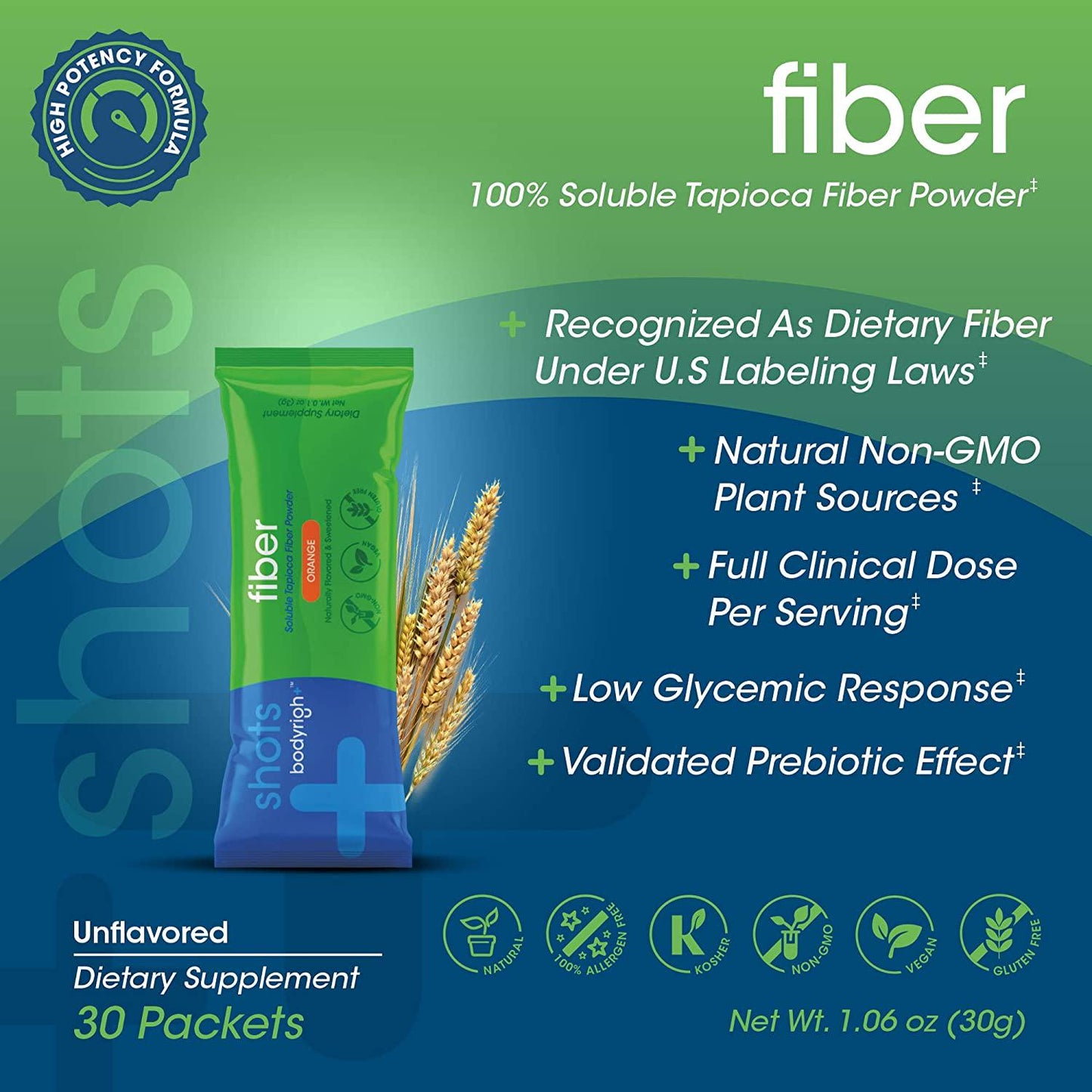 BodyRight Prebiotic Fiber Shot - 100% Natural Fiber Supplement Powder - 30 Servings - Soluble - Orange Flavor Fiber Powder - Vegan Organic Dietary Nutritional Supplements for Men and Women