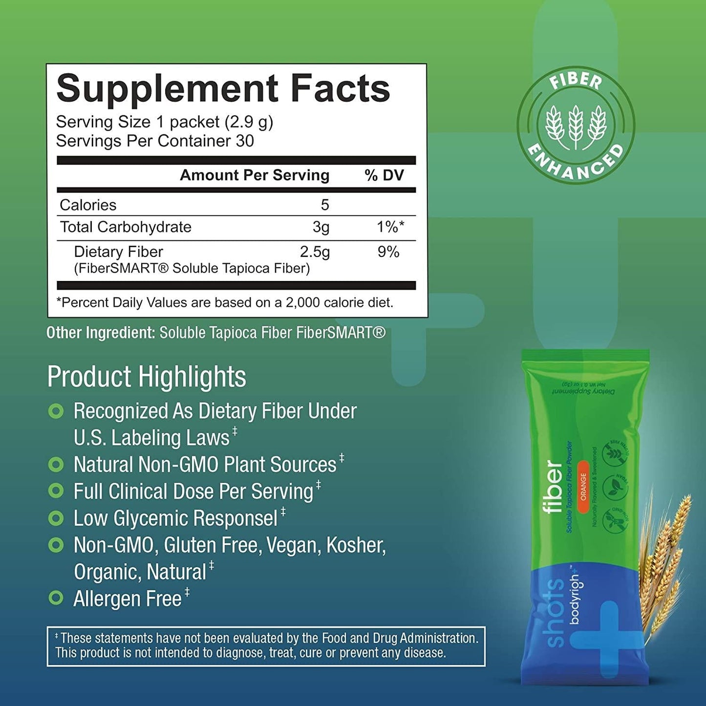 BodyRight Prebiotic Fiber Shot - 100% Natural Fiber Supplement Powder - 30 Servings - Soluble - Orange Flavor Fiber Powder - Vegan Organic Dietary Nutritional Supplements for Men and Women