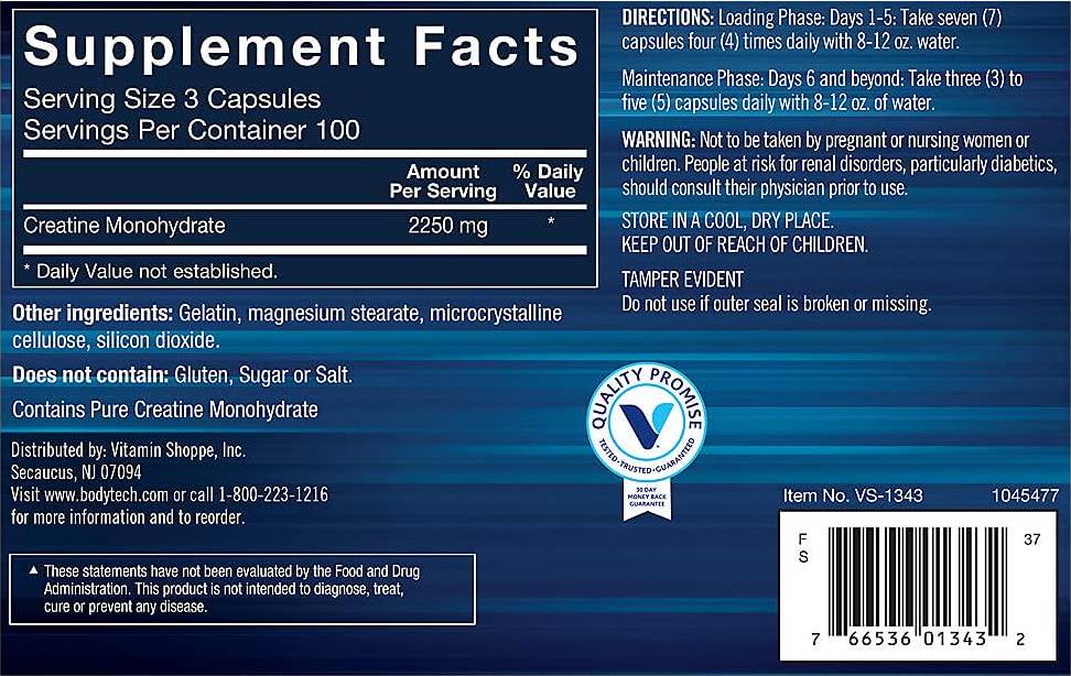 BodyTech 100 Pure Creatine Monohydrate 2250 MG Supports Muscle Strength Mass, 100 Servings (300 Capsules)