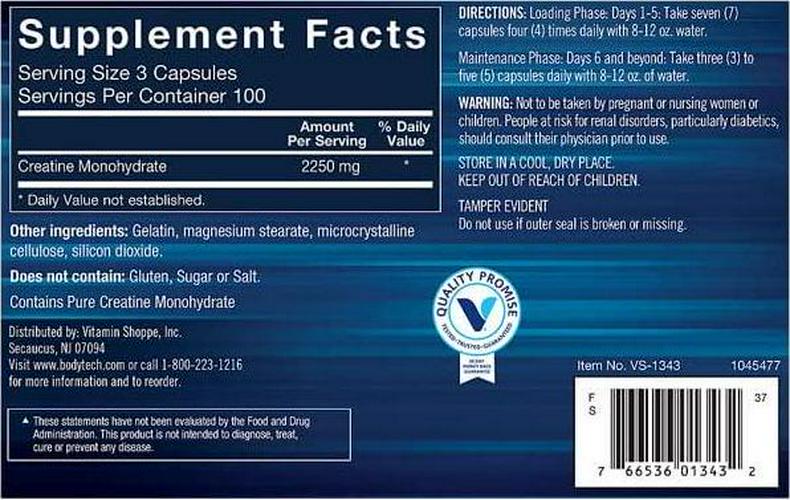 BodyTech 100 Pure Creatine Monohydrate 2250 MG Supports Muscle Strength Mass, 100 Servings (300 Capsules)