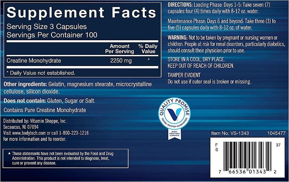 BodyTech 100 Pure Creatine Monohydrate 2250 MG Supports Muscle Strength Mass, 100 Servings (300 Capsules)