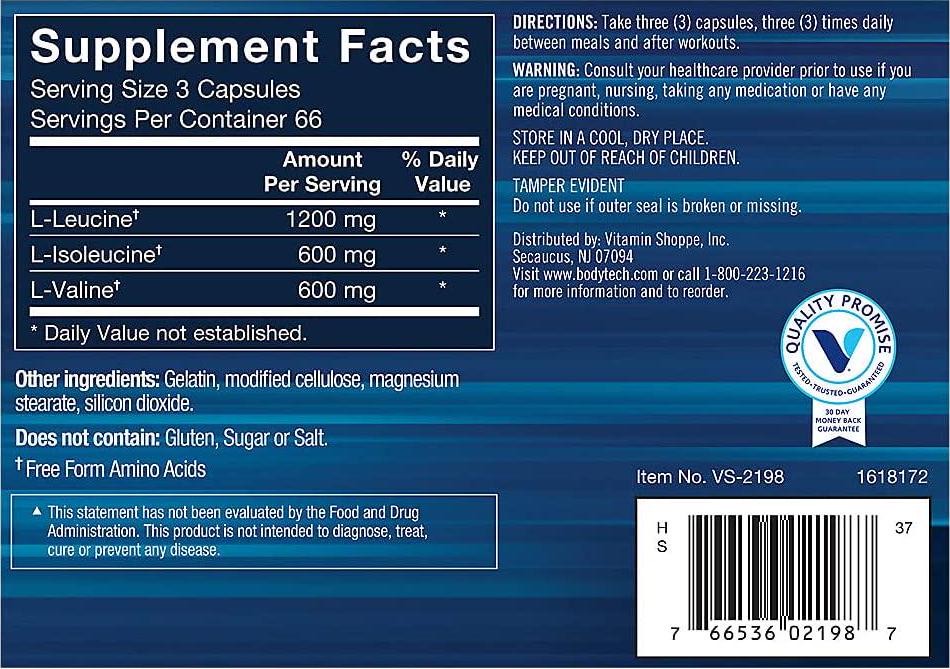 BodyTech BCAA (Branched Chain Amino Acid) Optimal 2:1:1 Ratio Supports Muscle Recovery Endurance (200 Capsules)